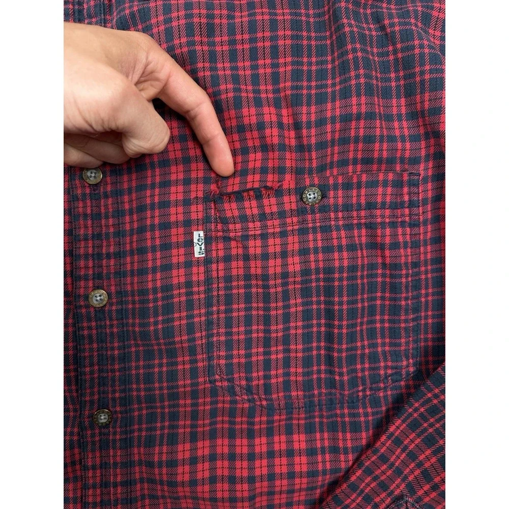 Vtg Levi's Mens Long Sleeve Plaid Flannel Shirt Red 100% Cotton XL Metal Buttons